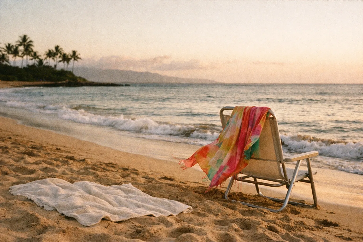 Beach cover-up draped over a beach chair on a quiet Hawaiian beach at golden hour