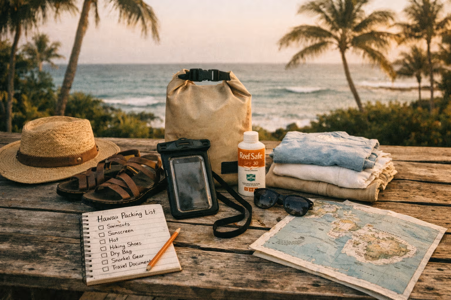 Editorial packing scene for Hawaii laid out on a wooden deck with ocean view during golden hour
