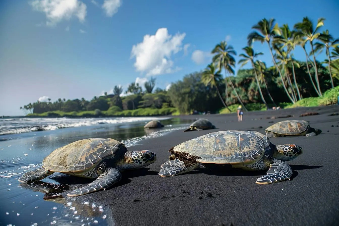 sea turtles on a black sand beach with palm trees and ocean waves, people in the background