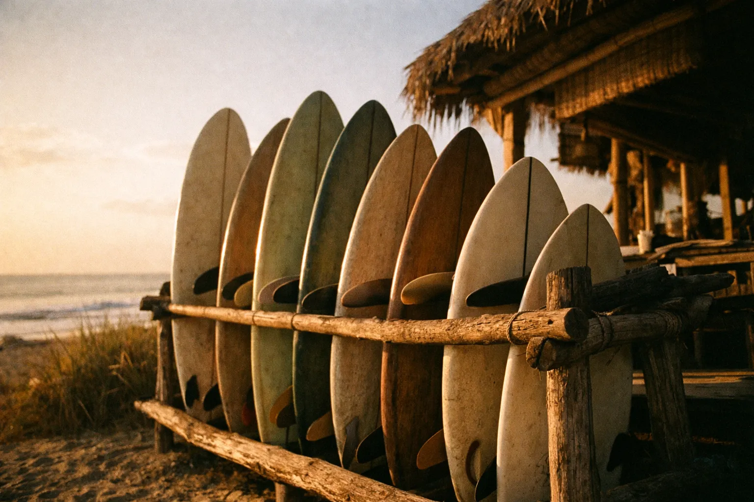 Row of surfboards on a wooden rack outside a Bali surf shop at golden hour