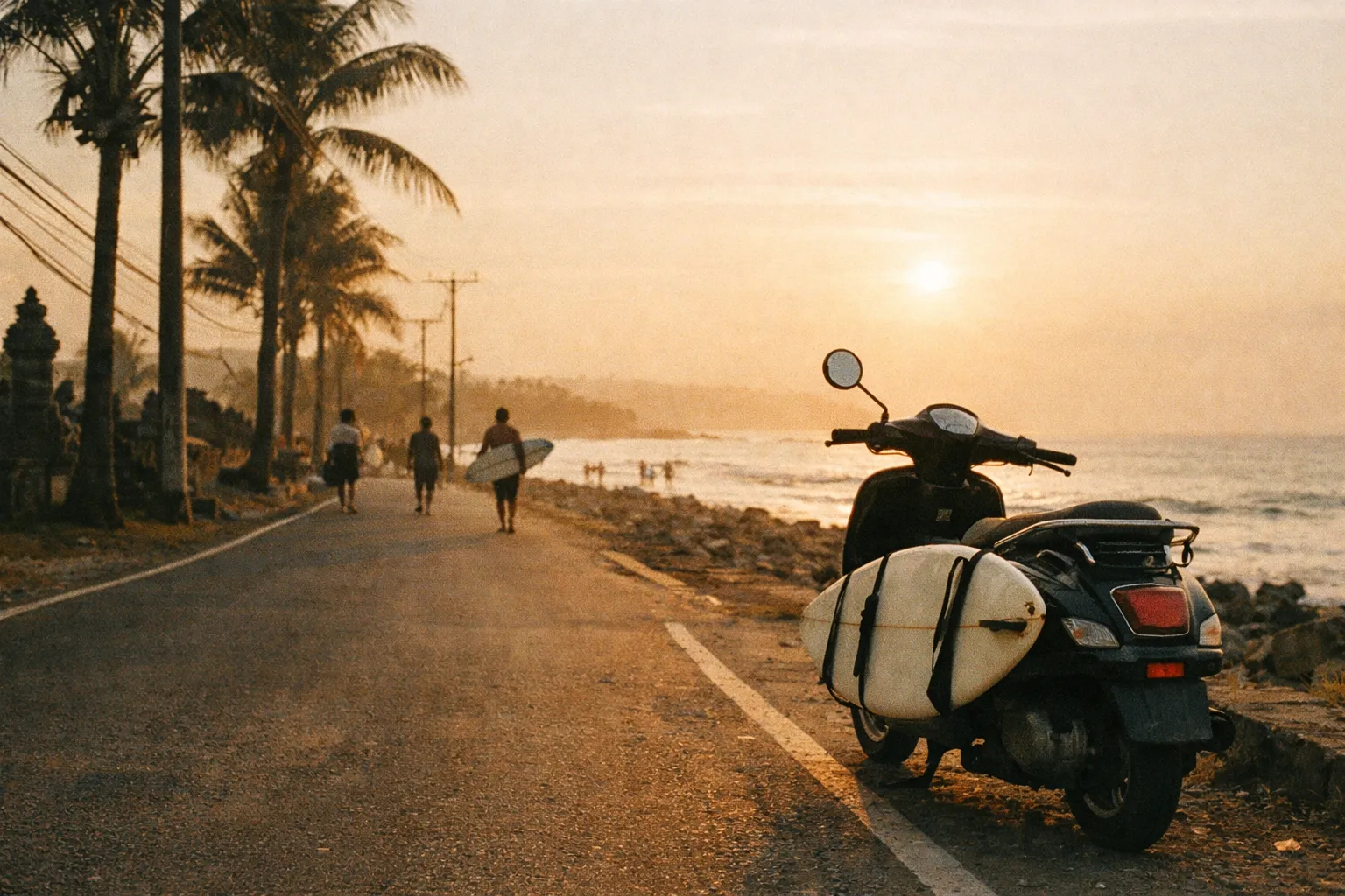 Scooter with a surfboard strapped to the back on a Bali coastal road at golden hour with palm trees