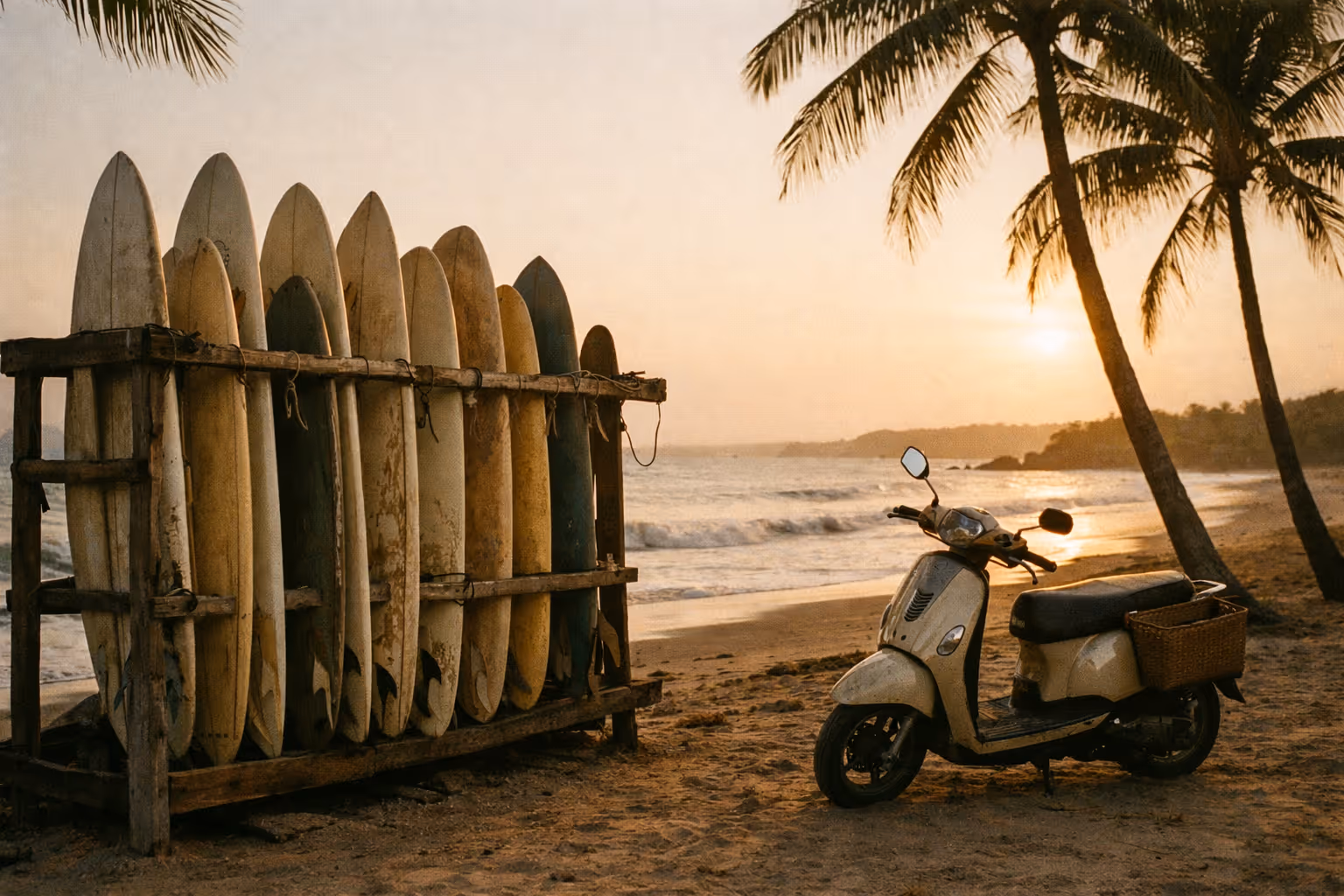 Editorial Bali travel scene at golden hour featuring a rack of surfboards and a parked scooter beside a quiet beach