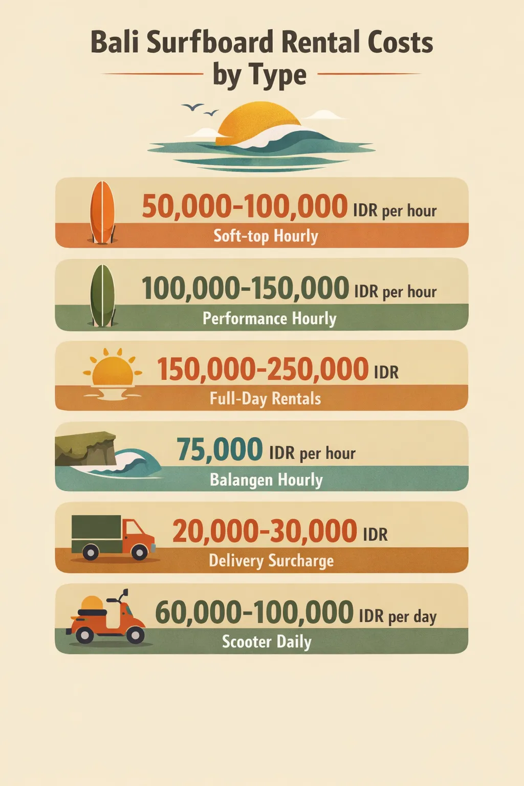 Infographic showing six data points: Soft-top hourly 50,000-100,000 IDR per hour; Performance hourly 100,000-150,000 IDR per