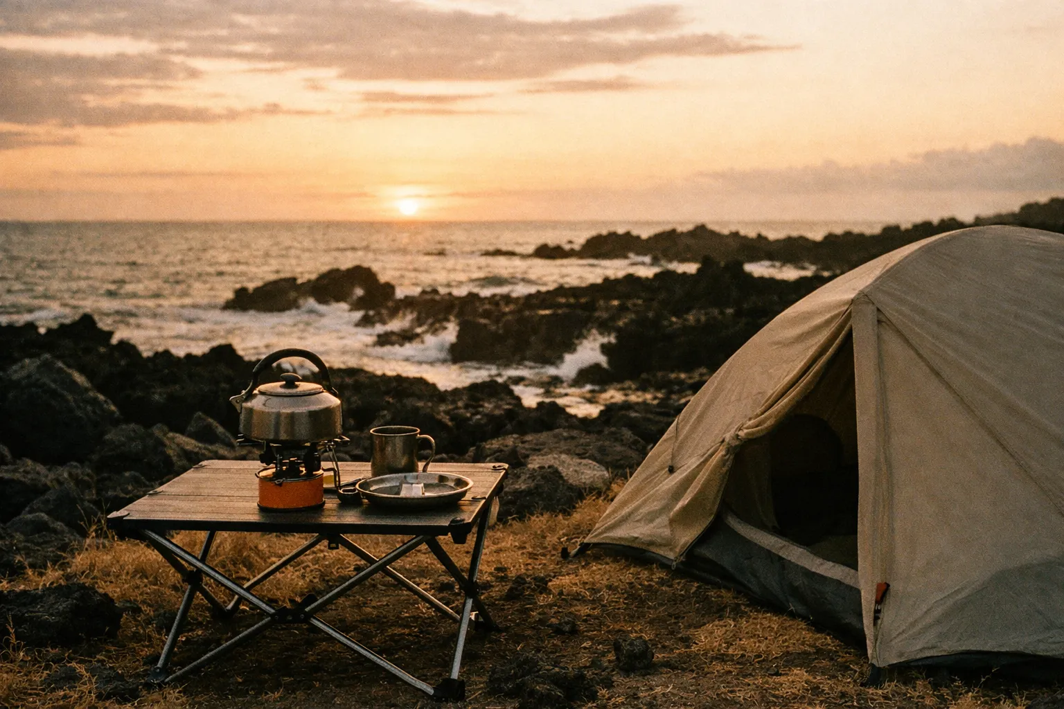 Camping setup with stove and kettle on lava rocks by the ocean at sunset