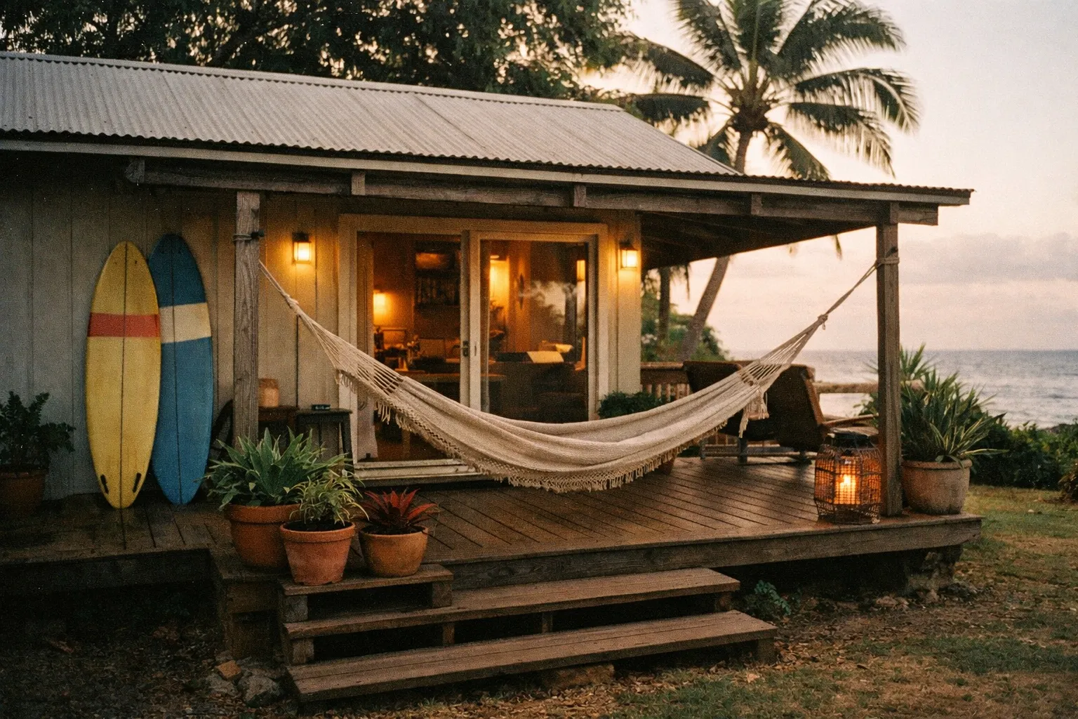 Exterior of a modest Hawaiian vacation rental with a lanai, surfboards, and a hammock on a sunlit porch
