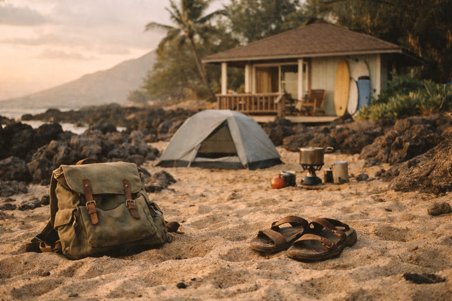 Editorial montage of budget Hawaii options: backpack on a beach, camping gear by lava rocks, and a cozy vacation rental with