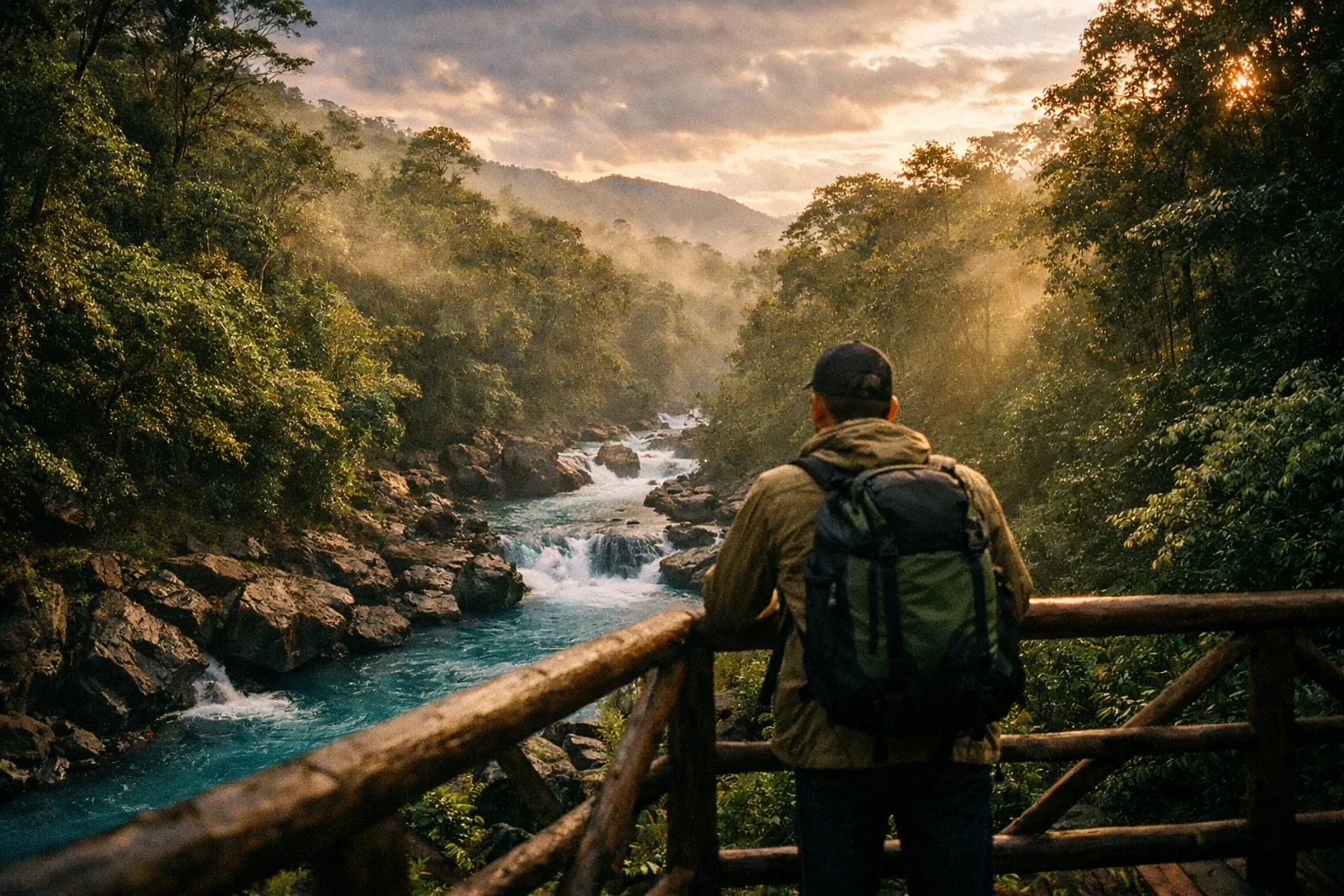 Back view of a hiker observing the Río Celeste in Bijagua rainforest at golden hour, with turquoise river and distant volcano