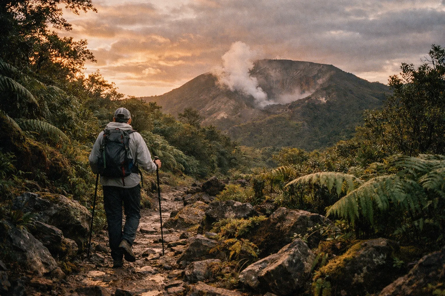 Hiker from behind on Tenorio Volcano National Park forest trail toward a crater under dramatic sky