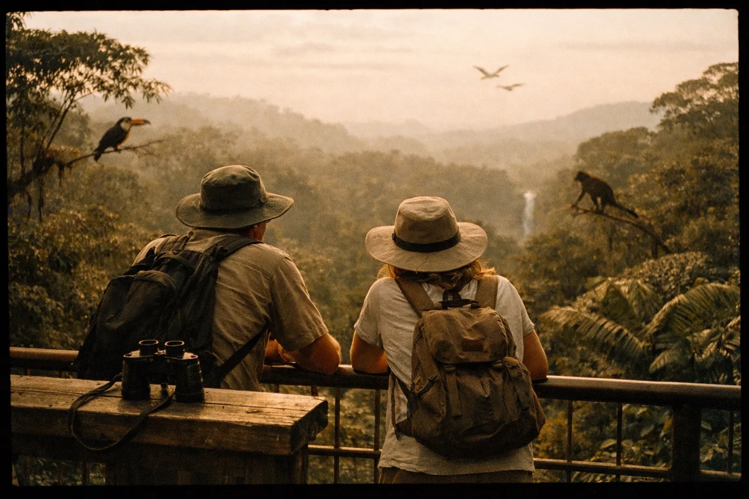 Guide and traveler seen from behind on a rainforest viewing platform, watching distant wildlife with binoculars