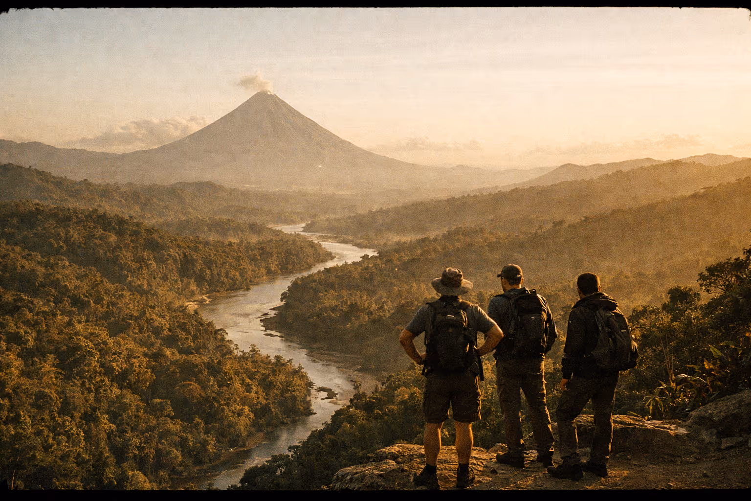 Costa Rica’s volcanic highlands and lush rainforest, with distant summit and hikers seen from behind on a lookout