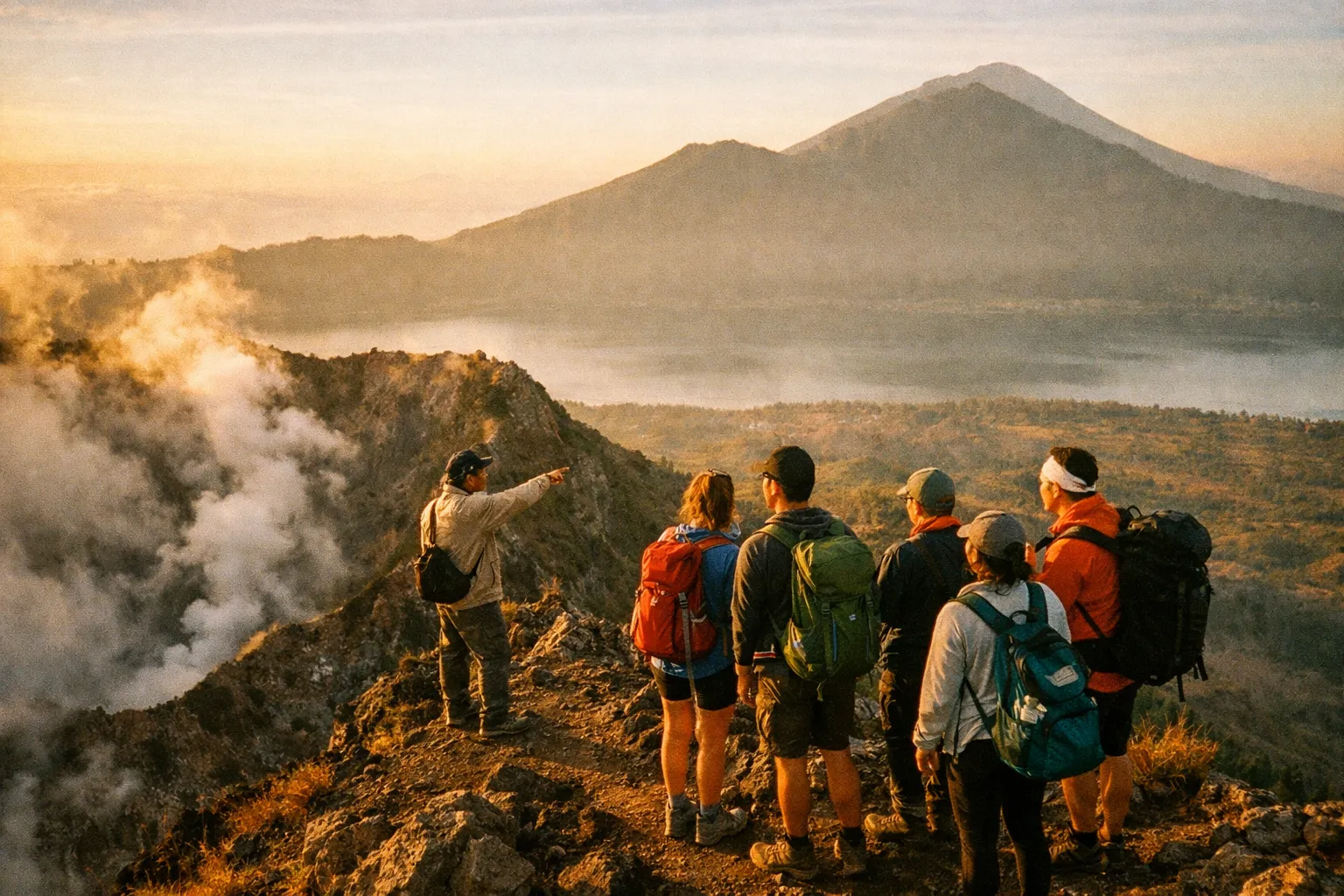 Hikers with backpacks on Mount Batur crater rim at sunrise, viewed from behind