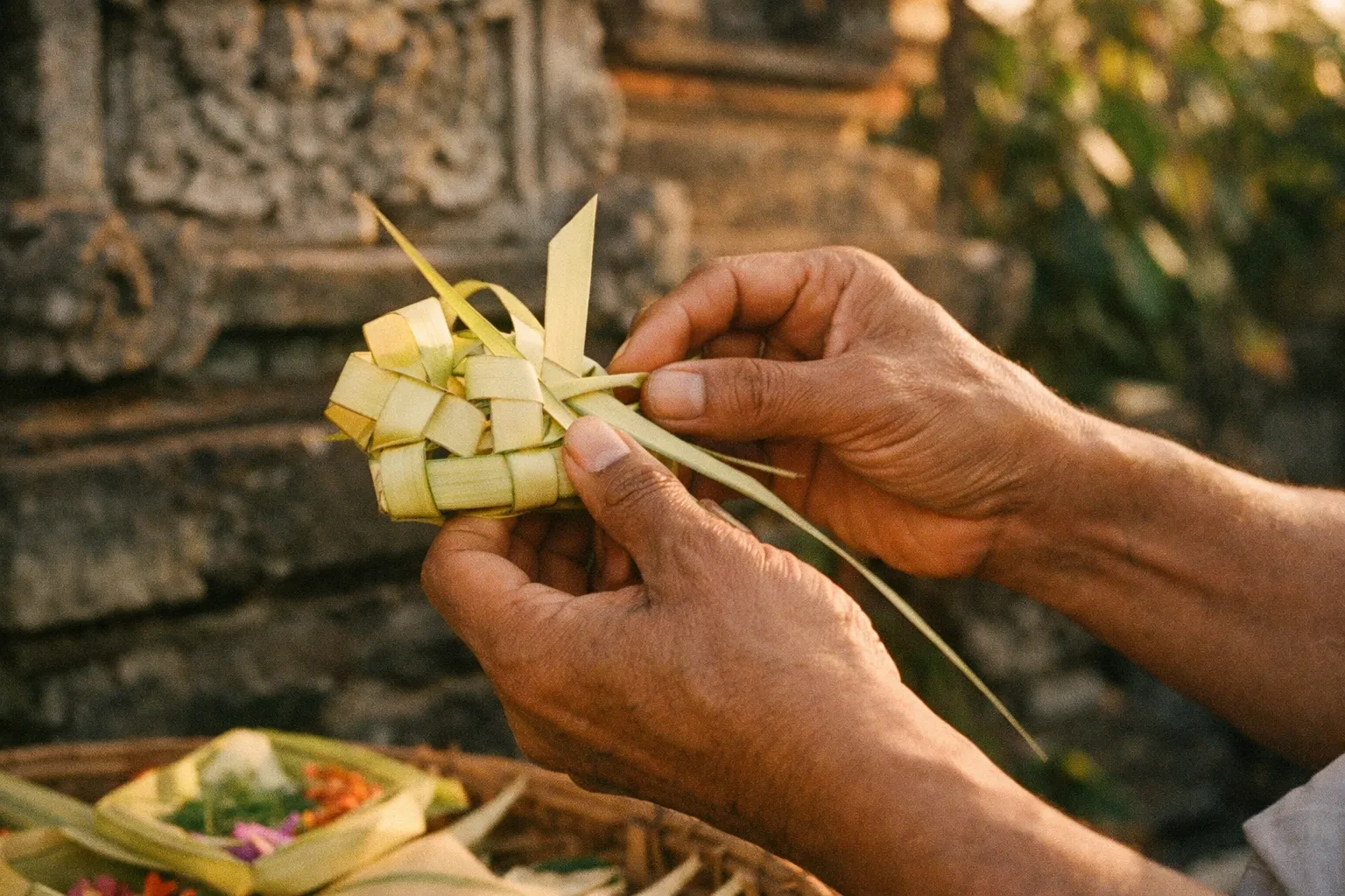 Hands weaving a palm-leaf offering in a Balinese temple courtyard