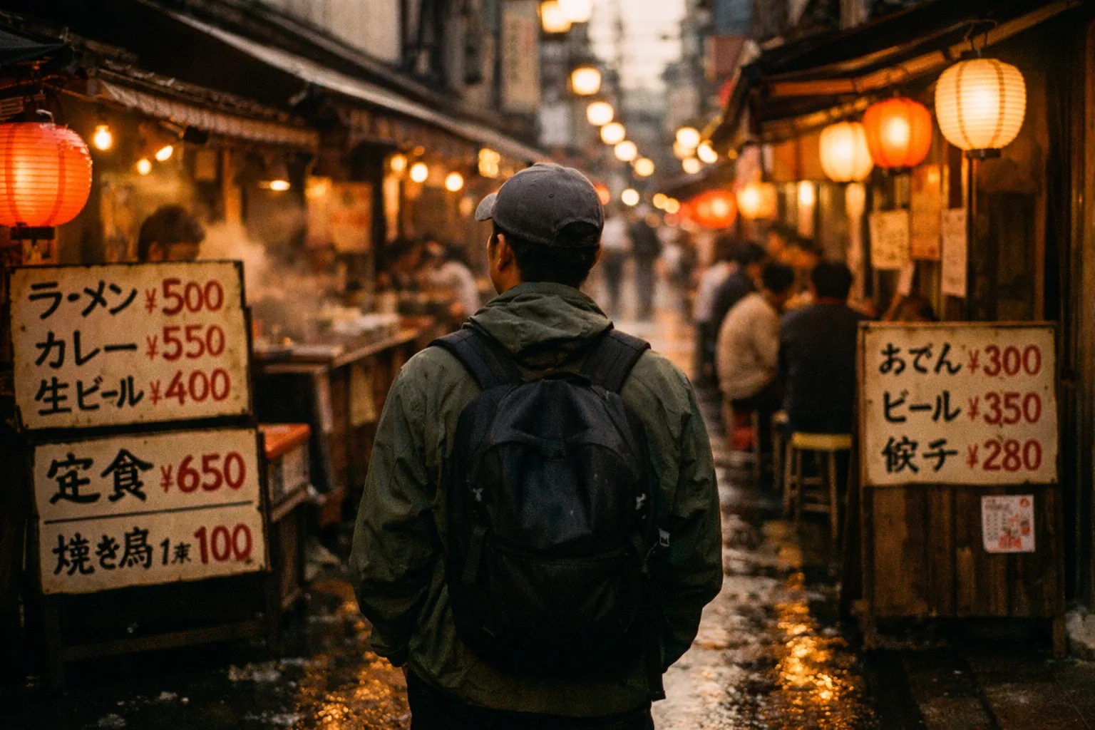 Evening street market in Japan with budget-friendly meals, price boards visible, traveler silhouette from behind