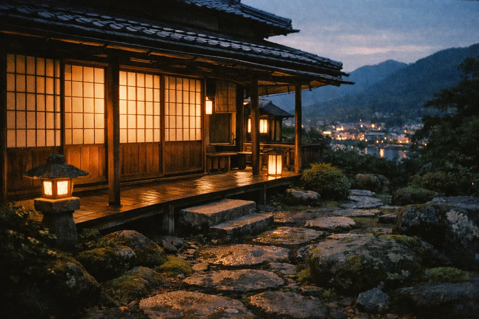 Exterior view of a traditional budget-friendly ryokan at dusk with lanterns, wooden veranda and garden path