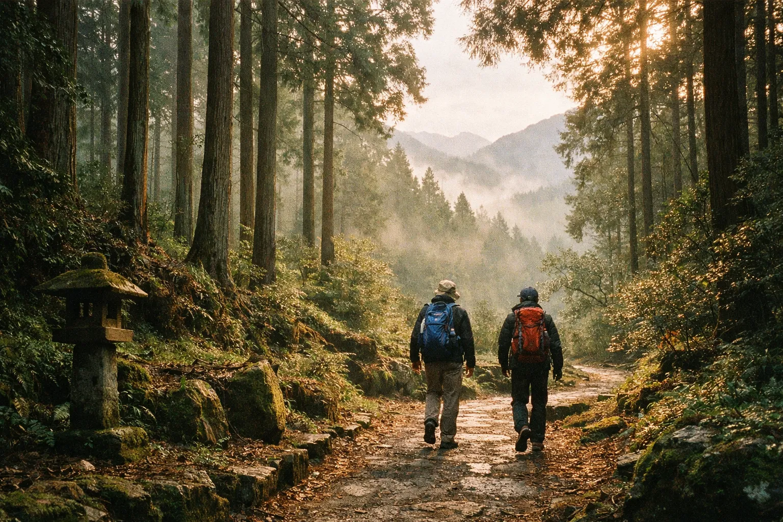 Forest trail in Japan with hikers' silhouettes from behind along a sunlit path