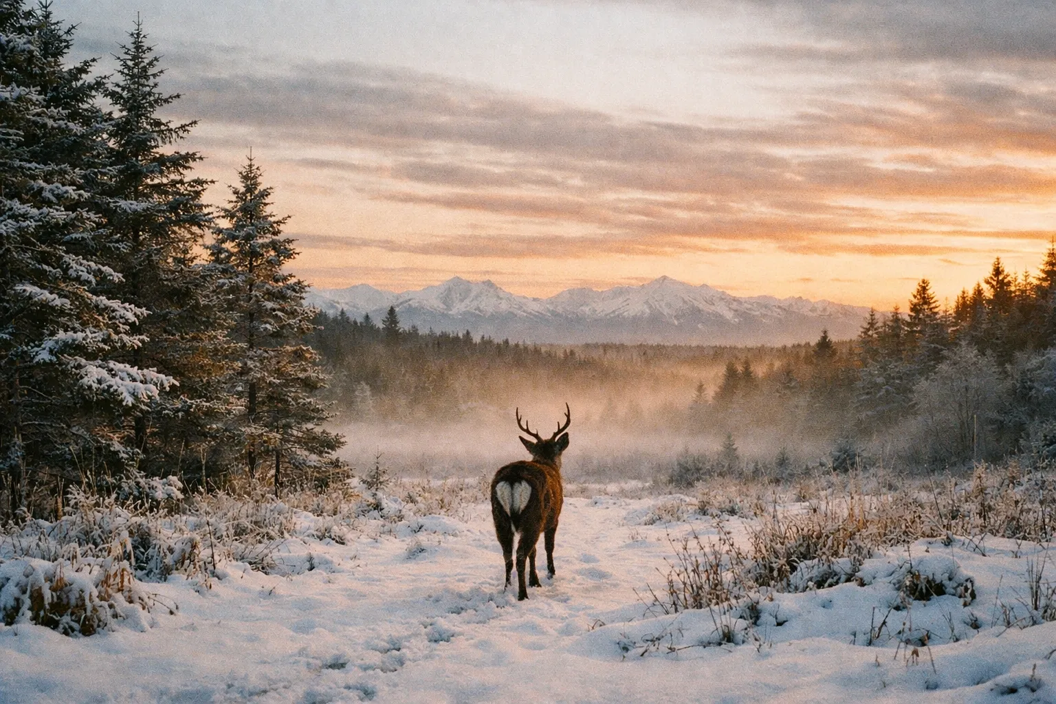 Winter dawn in Hokkaido with a deer silhouette in a snow-kissed pine forest