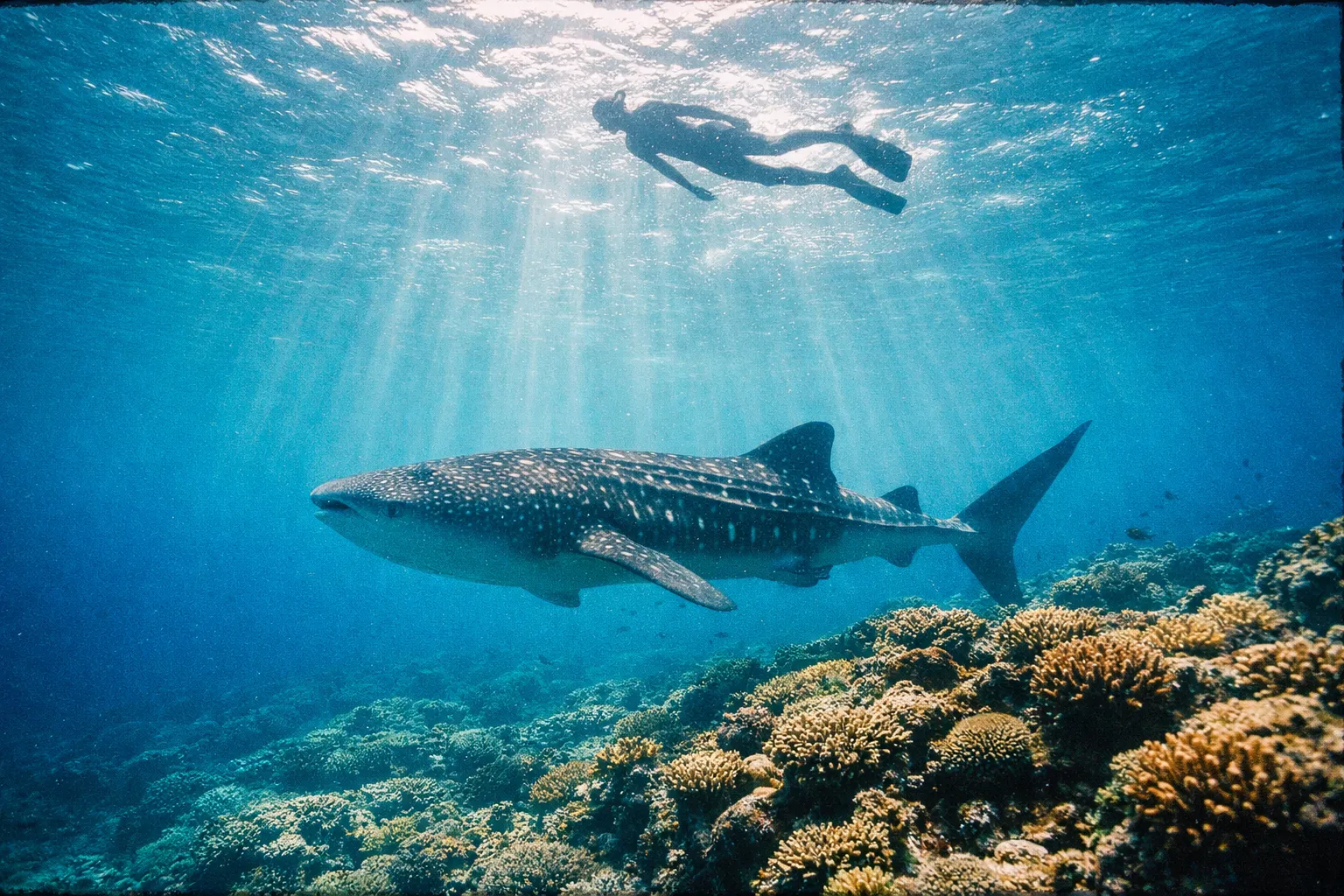 Underwater scene in Okinawa with a whale shark gliding above a vibrant coral reef and a snorkeler silhouette at the surface