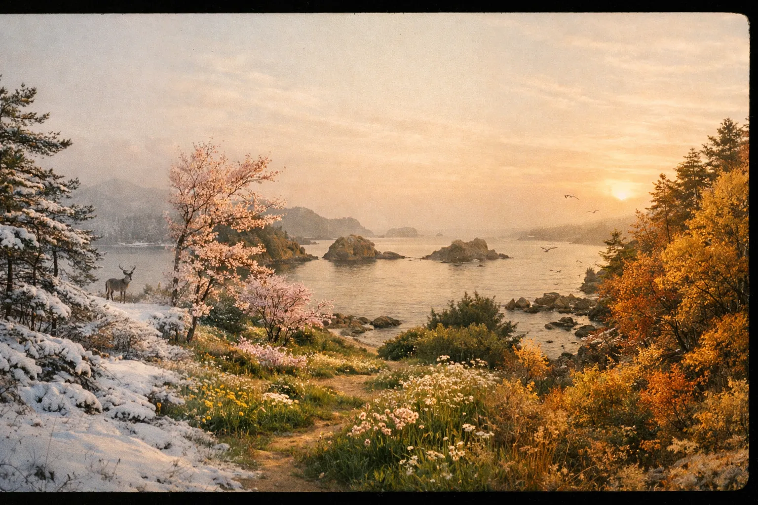 Four-season panorama along a Japanese coast showing winter, spring, summer, and autumn wildlife