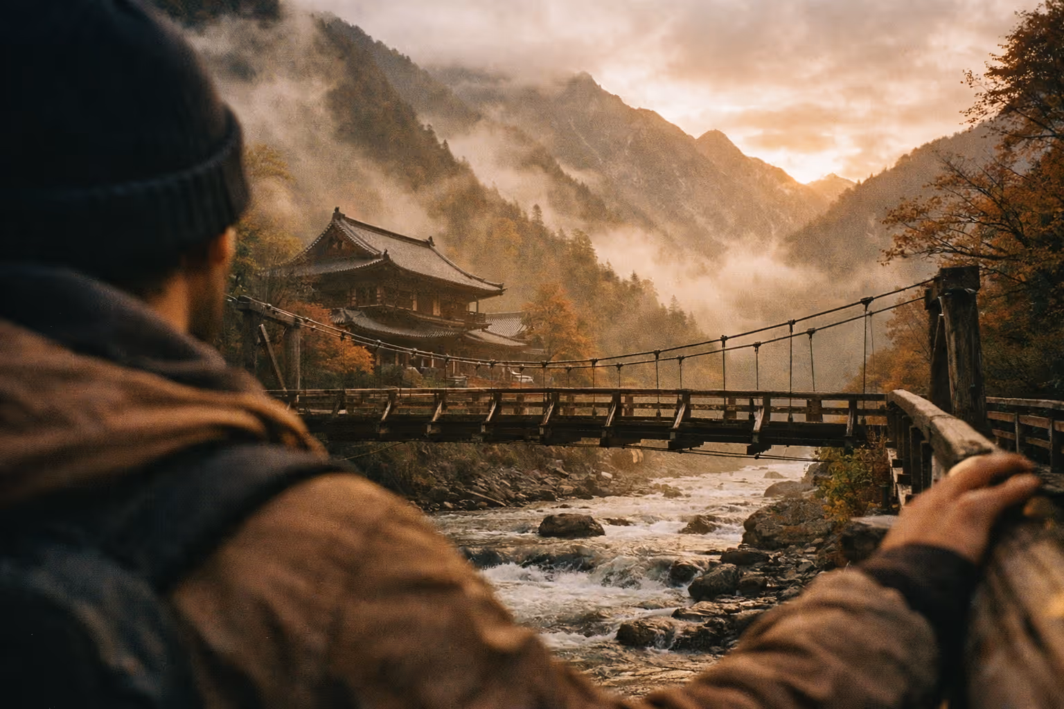 A person stands on a wooden bridge overlooking a traditional Japanese temple by a mountain river in misty hills.
