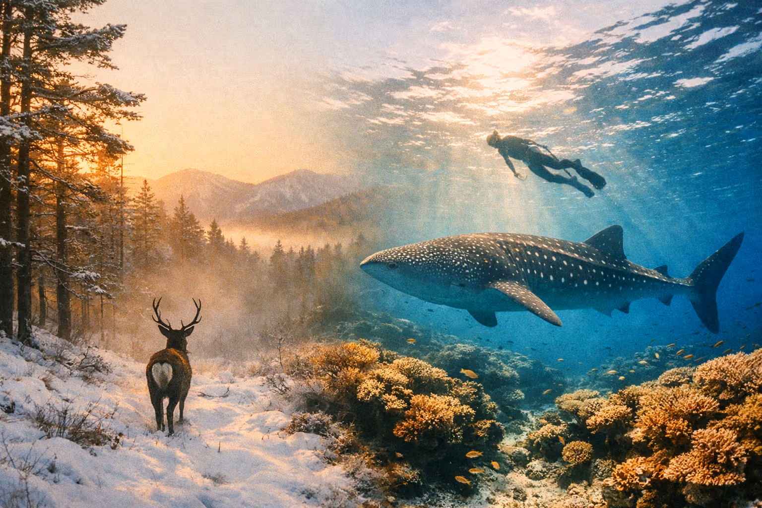 Panoramic editorial shot blending Hokkaido's snow-dusted forests with Okinawa's turquoise reefs and a whale shark, representing Japan's wild heart