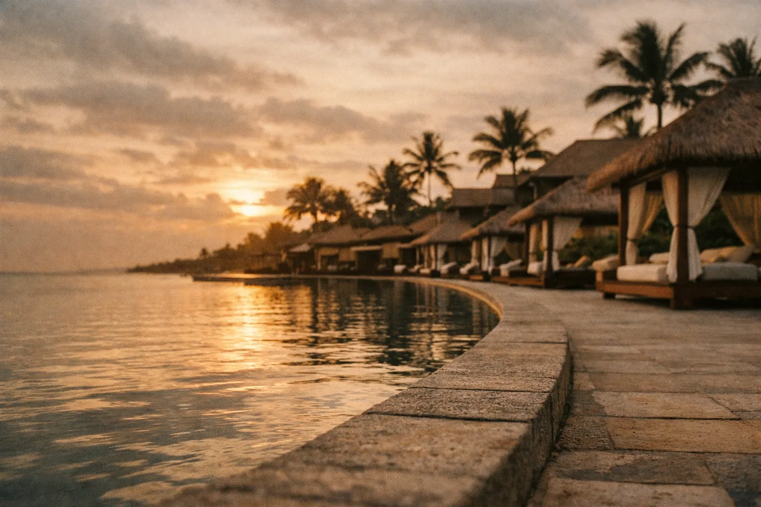Wide-angle view of Club Med Bali pool area at sunset, with thatched cabanas and palm trees along a curved pool