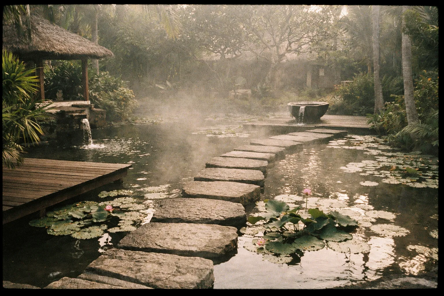 Calm spa garden at Spa Village Resort Tembok Bali, stone pathway over a lotus pond with tropical plants