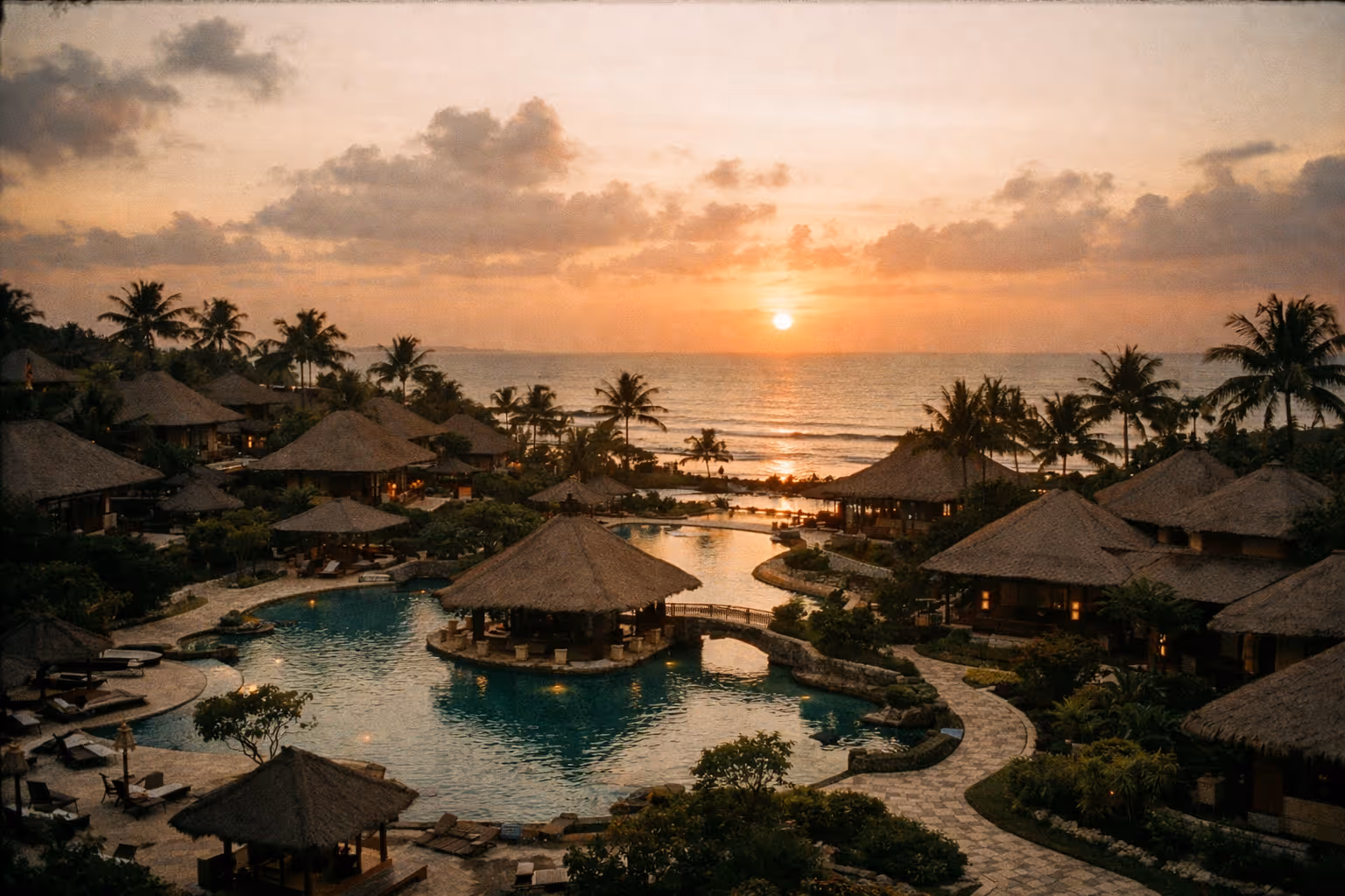 A sweeping Balinese luxury resort panorama at golden hour, pools, thatched villas, and tropical gardens