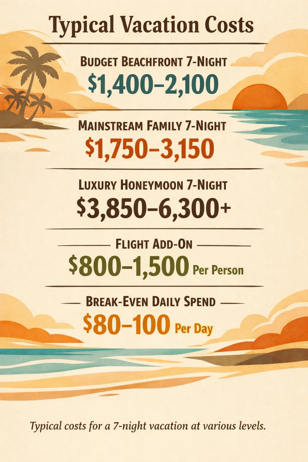 Infographic showing Bali all-inclusive cost ranges: Budget beachfront 7-night $1,400-2,100; Mainstream family 7-night