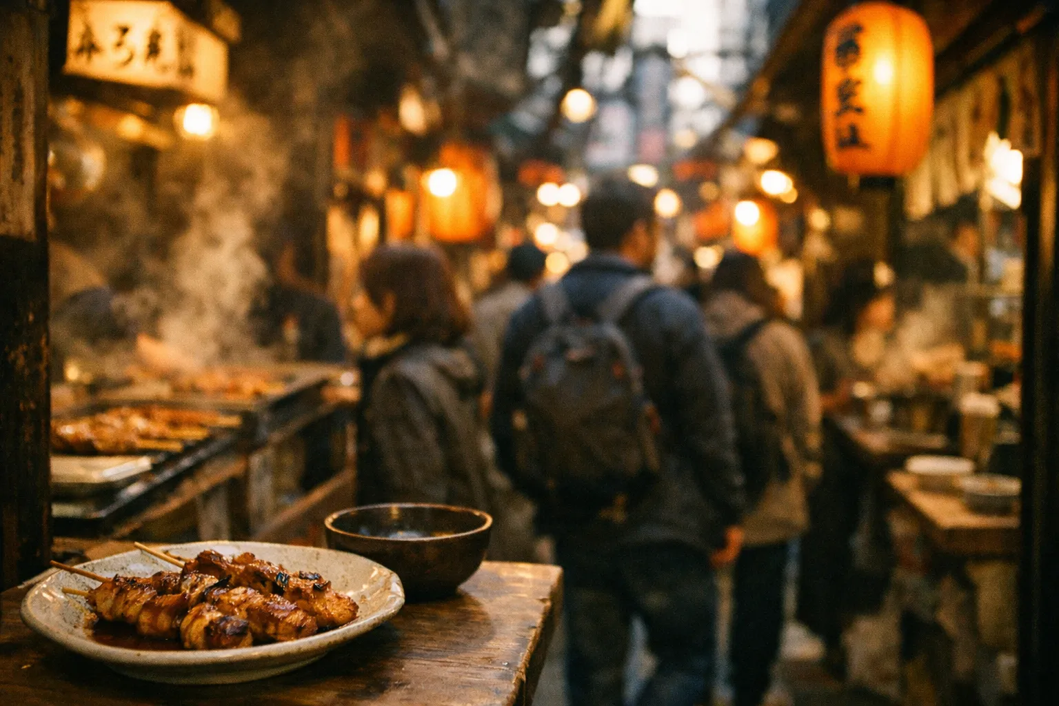Tokyo street food alley at golden hour with silhouettes of travelers and steaming grills