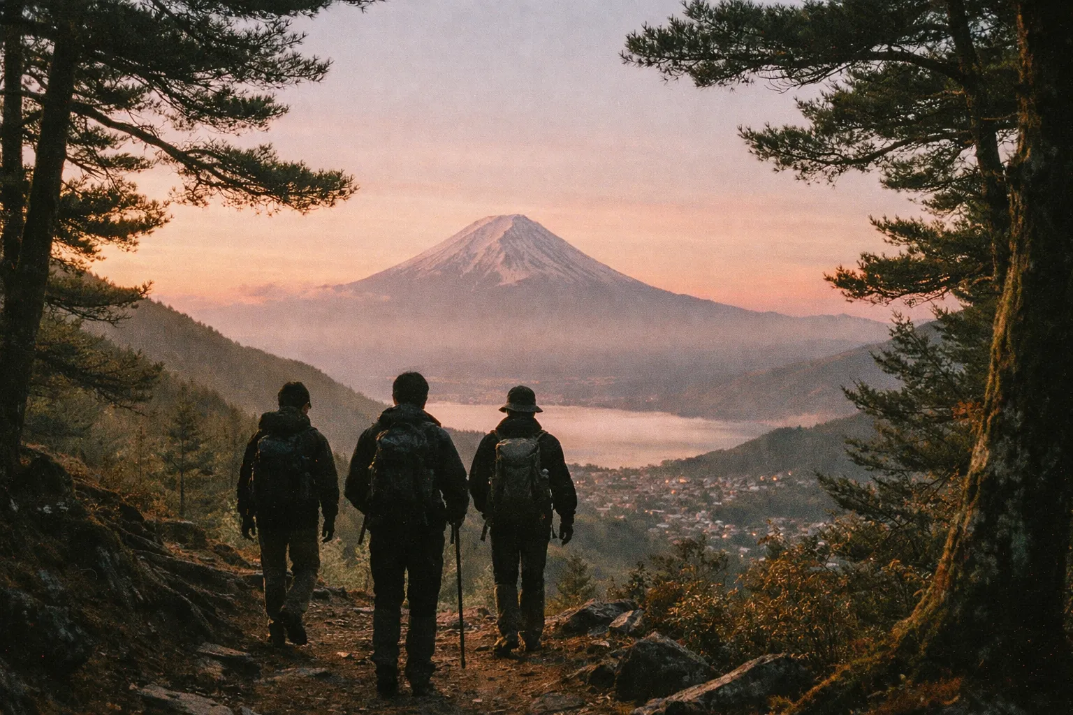 Hikers as silhouettes on a forest path with Mount Fuji at dawn