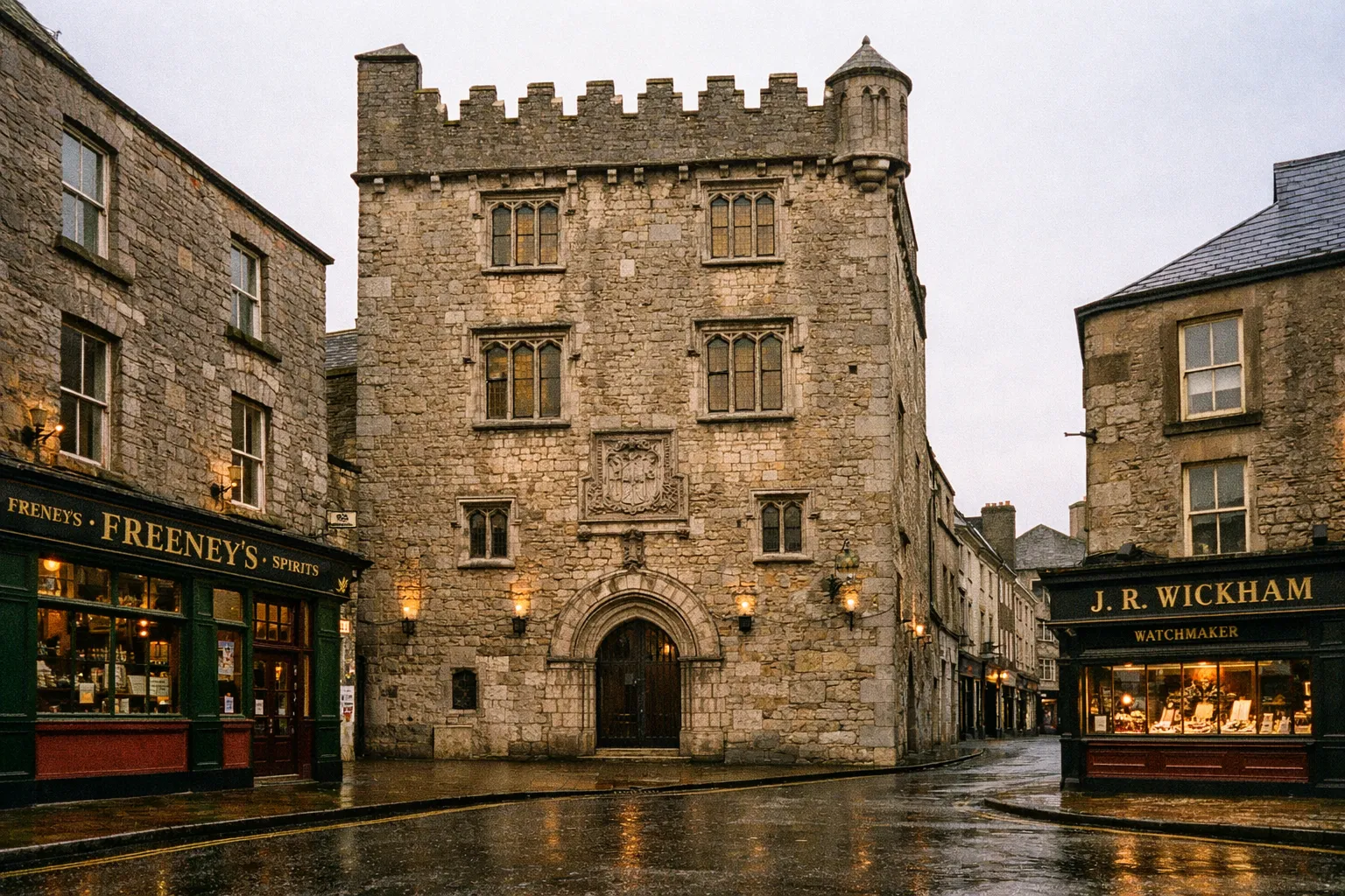 Lynch's Castle, a historic stone building, stands between shops on a wet street in Galway, Ireland.
