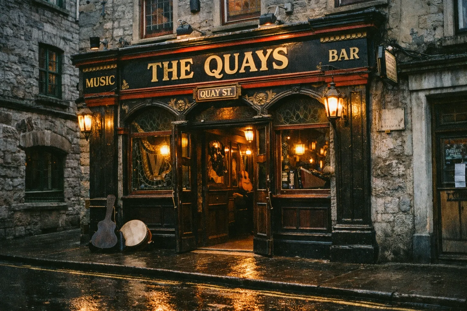 The Quays Bar with glowing lights and traditional instruments sits on a wet street in Galway, Ireland.