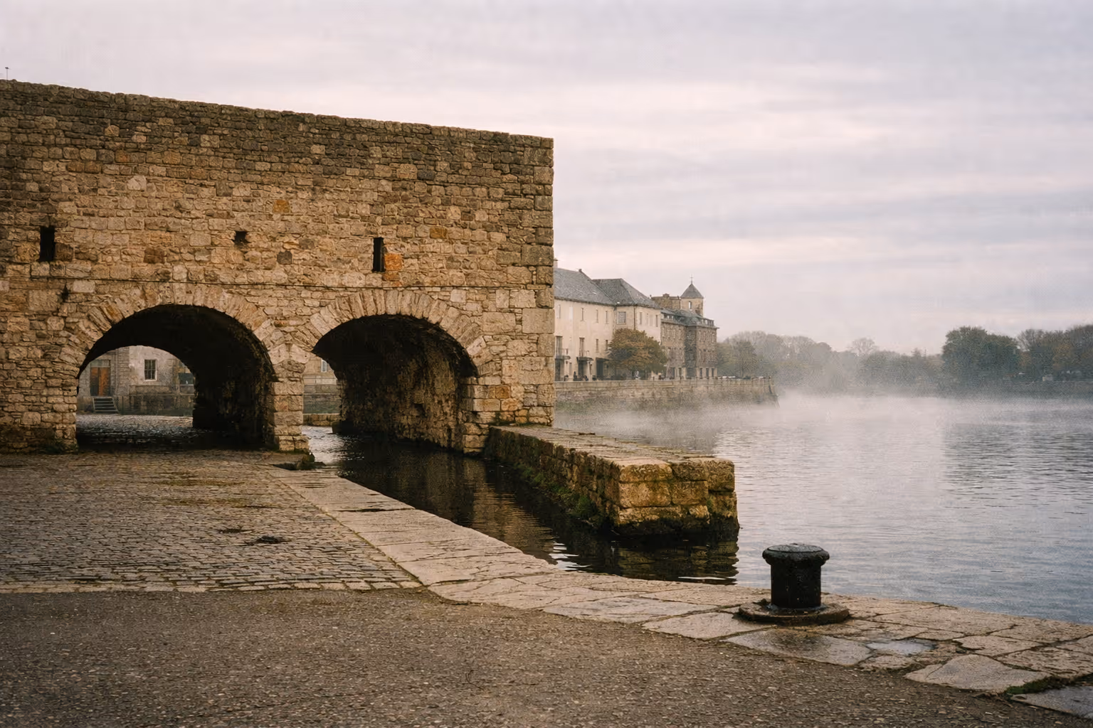 A stone archway stands over the water along the riverfront in Galway, Ireland.