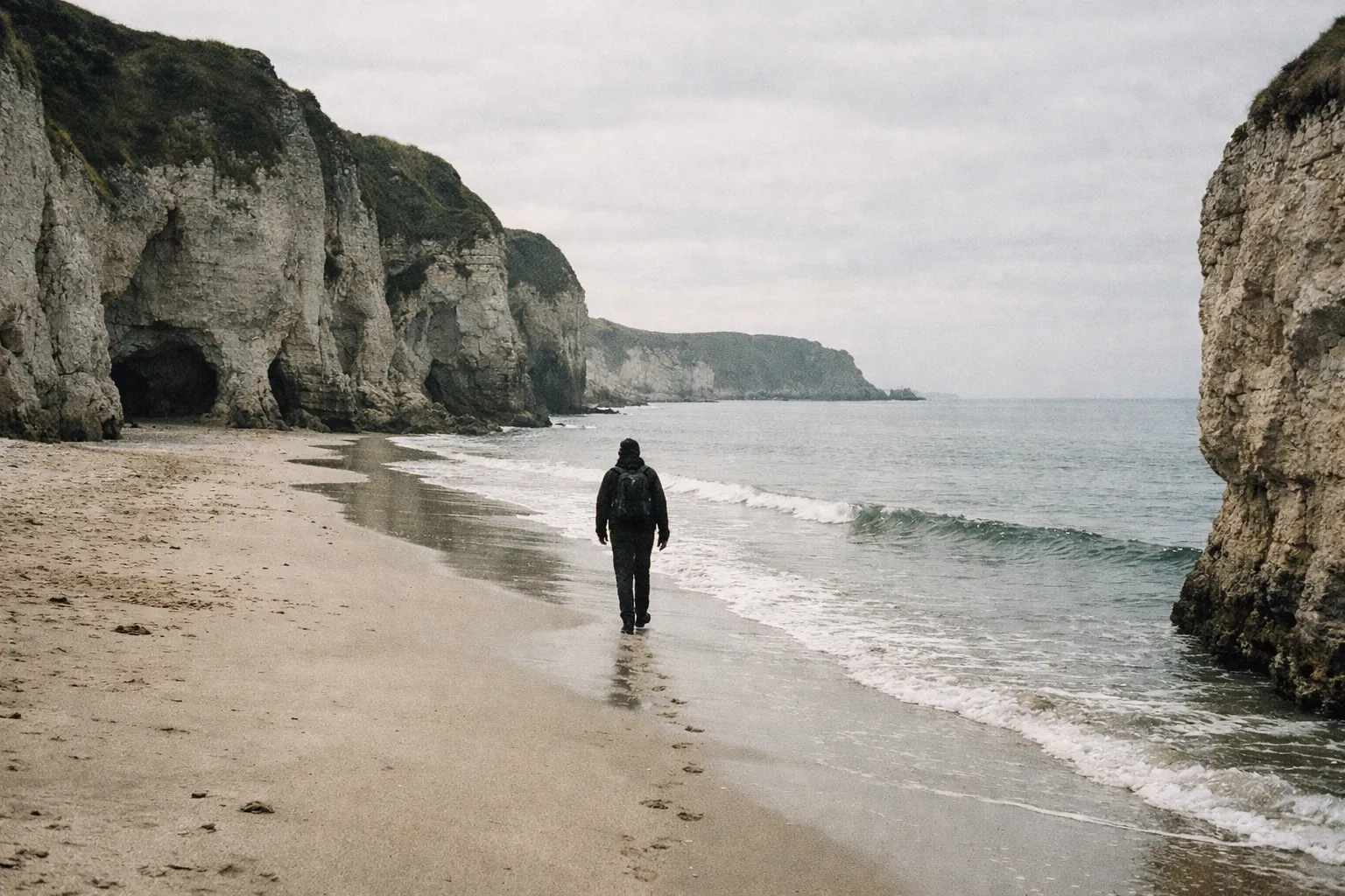 A person walks along a sandy beach with dramatic limestone cliffs on the northern coast of Northern Ireland.