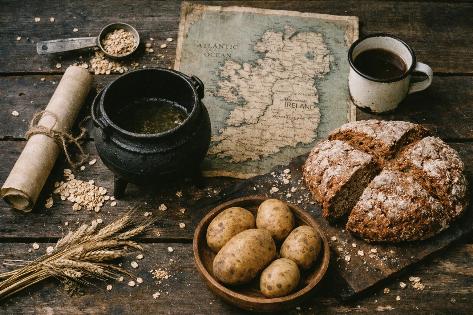 Brown bread, potatoes, and a black pot surround a vintage map of Ireland on a rustic wooden table.