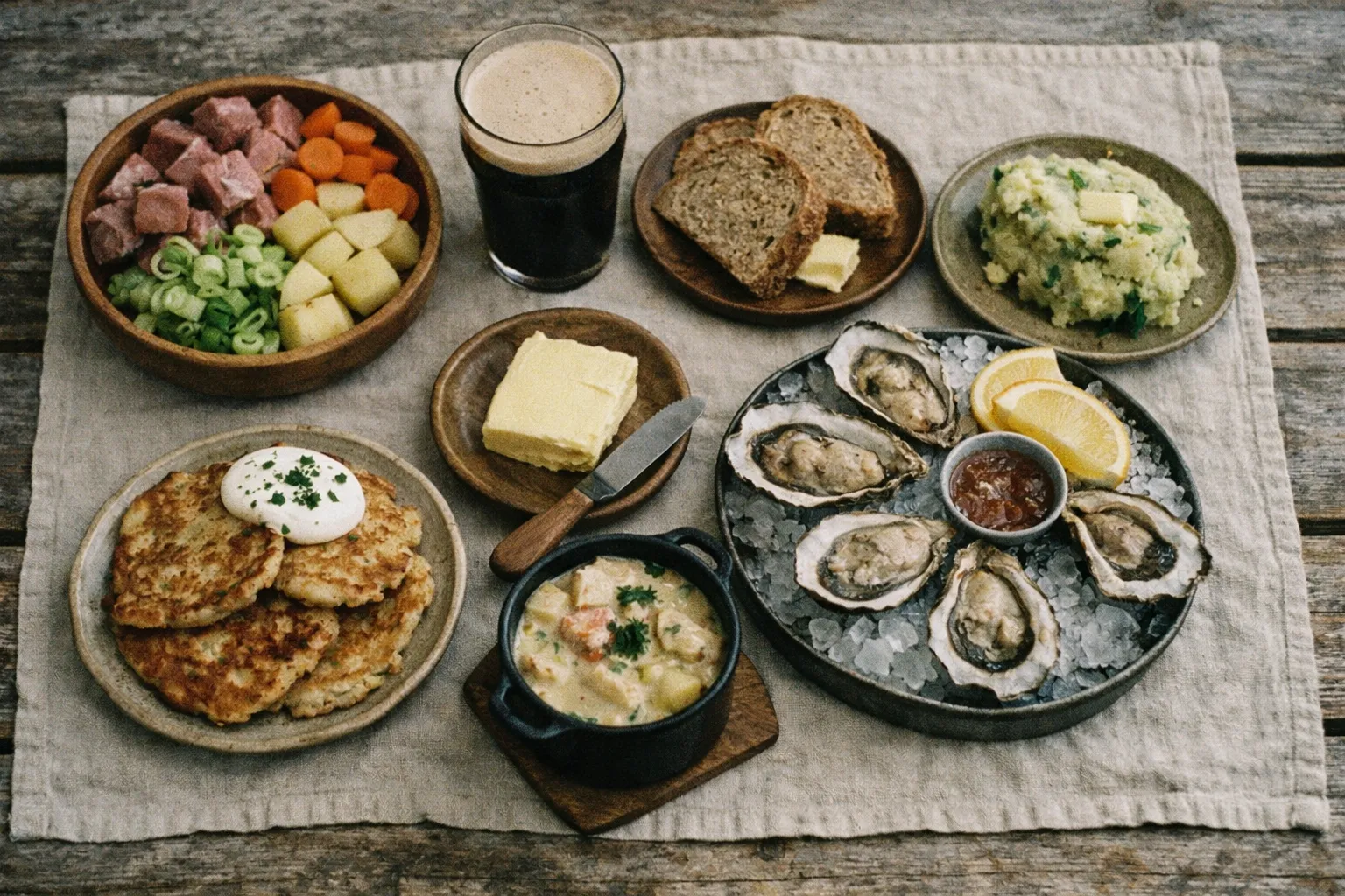 A rustic table displays an assortment of traditional Irish dishes including oysters, brown bread, and root vegetables.