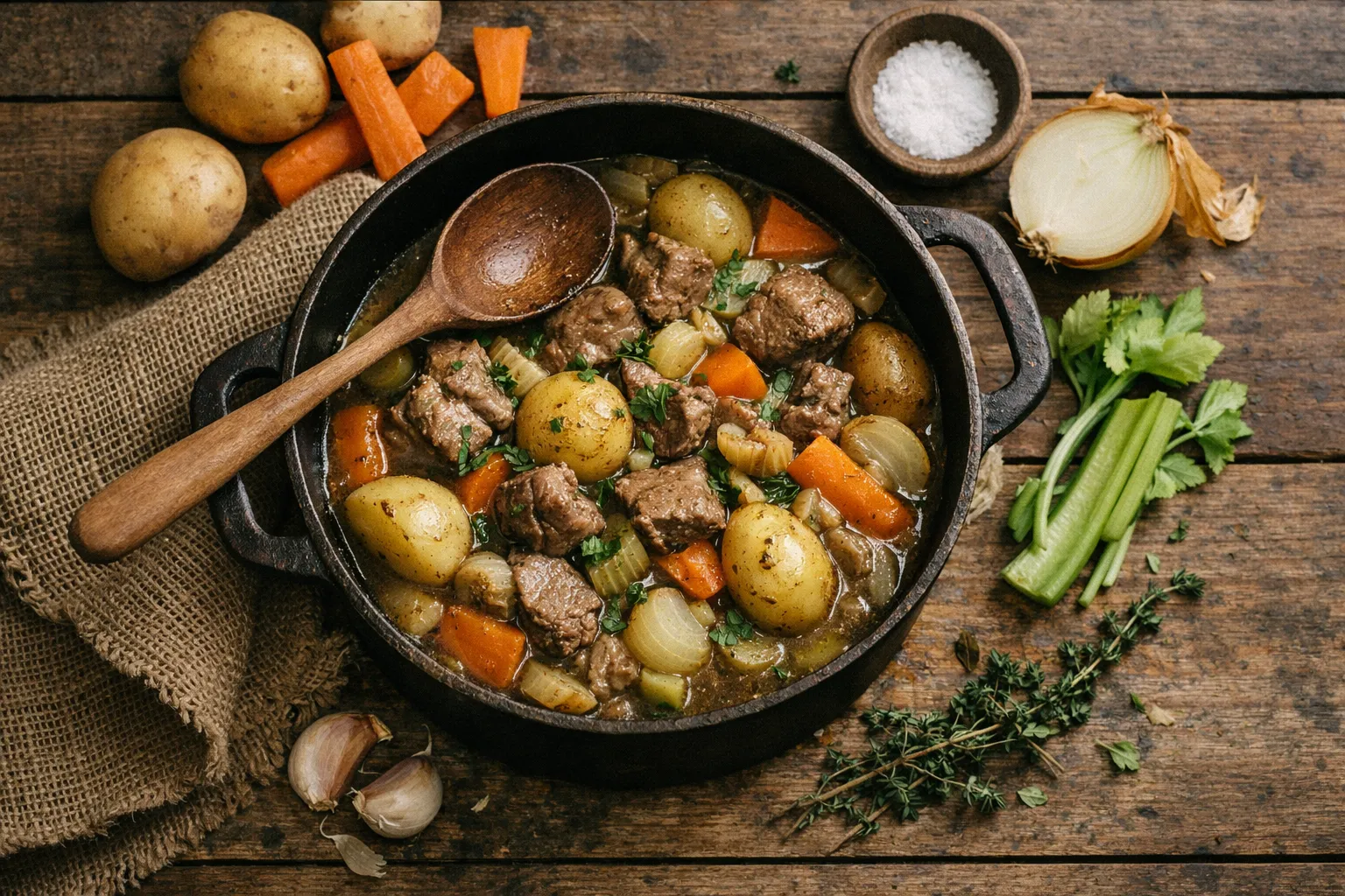 A pot of traditional Irish stew with beef, potatoes, carrots, and herbs on a rustic wooden table.