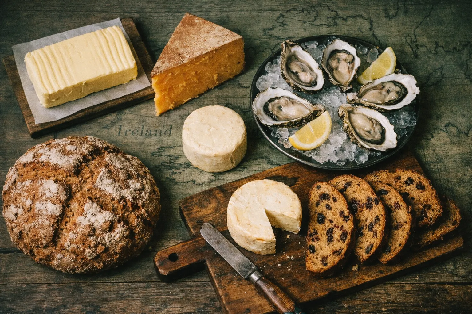 Irish brown bread, cheeses, butter, and oysters on a rustic table setting.