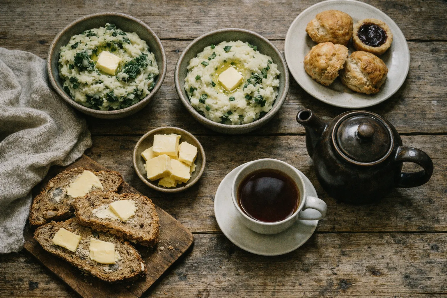 Traditional Irish breakfast with brown bread, butter, colcannon, scones, and tea on a rustic wooden table.
