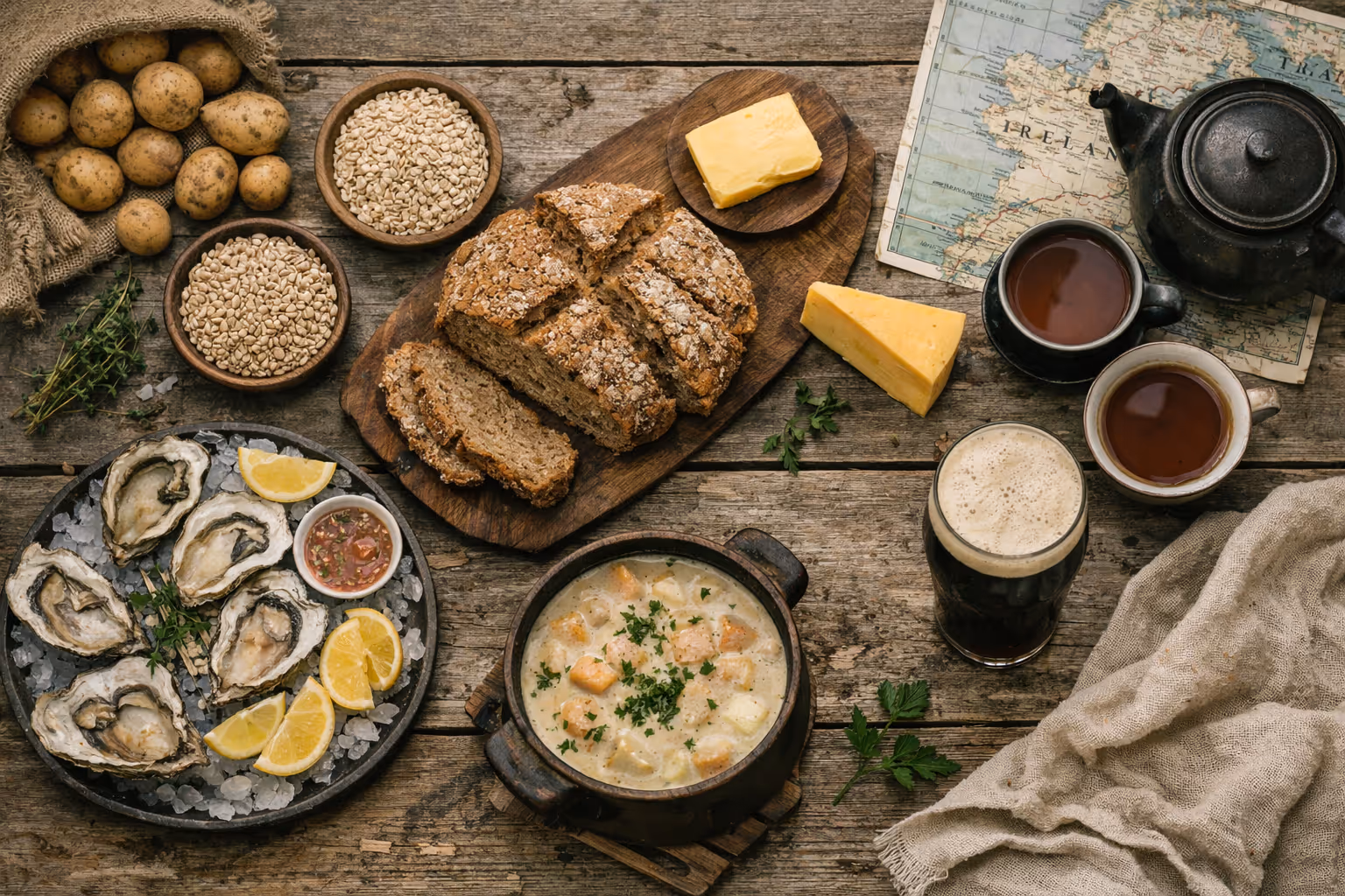 Traditional Irish foods including oysters, soda bread, chowder, and tea are arranged on a rustic wooden table with a map of