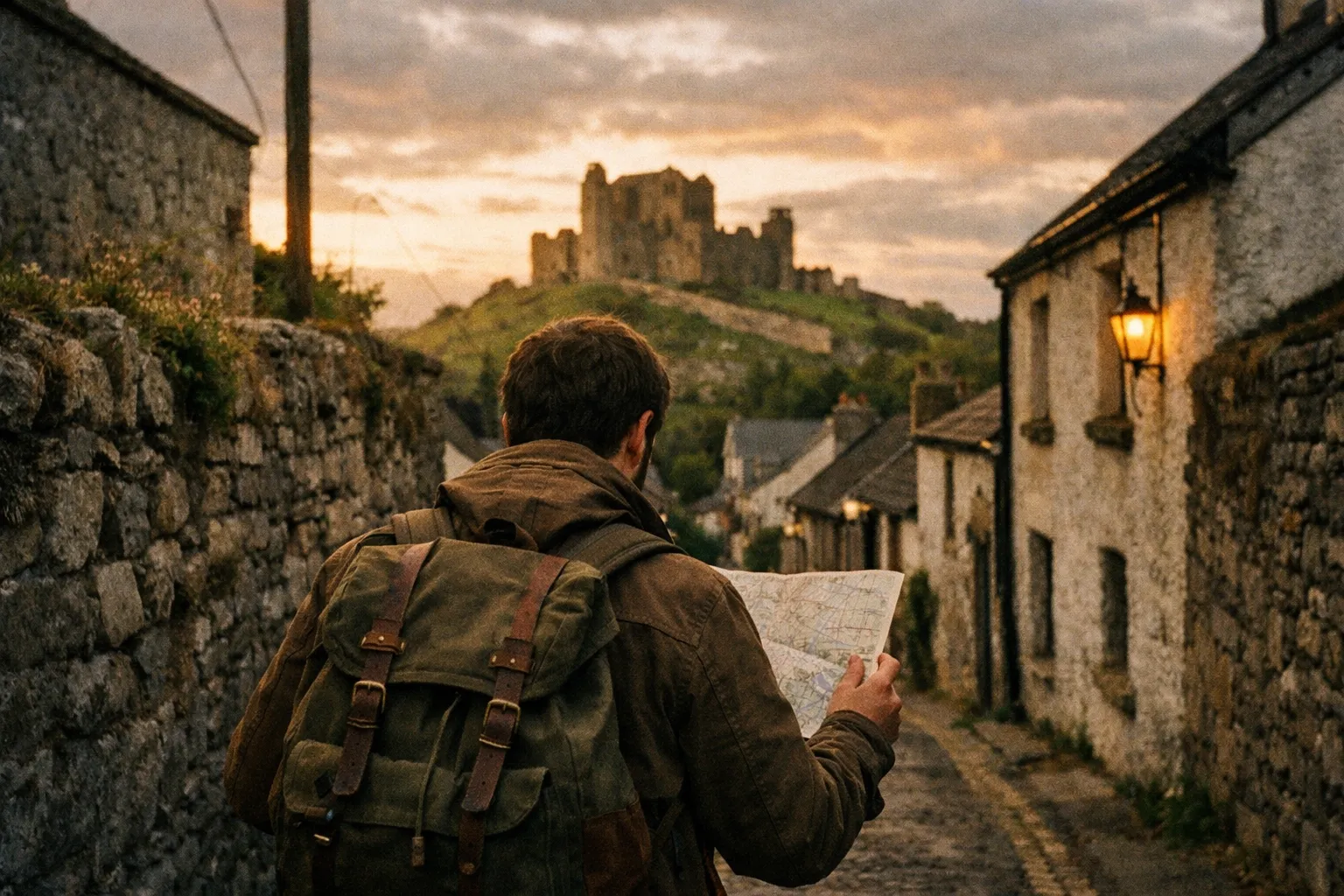 A traveler with a backpack stands on a stone road looking at a cluster of ancient Irish castles at sunset.