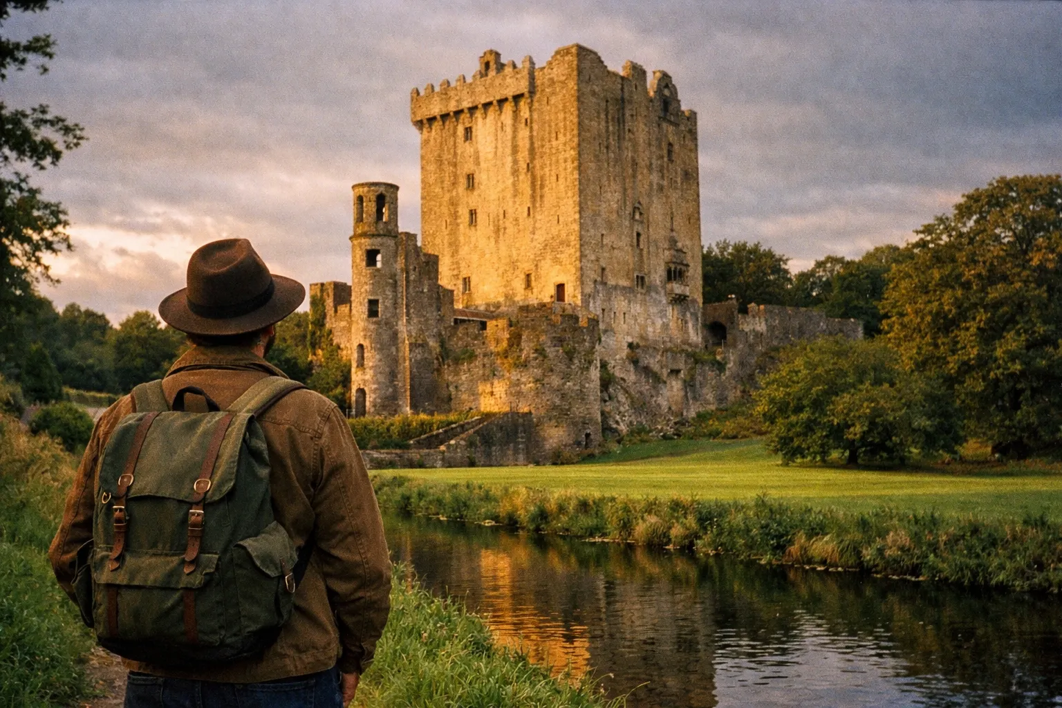 A traveler with a backpack stands by a river looking at Blarney Castle in Ireland.