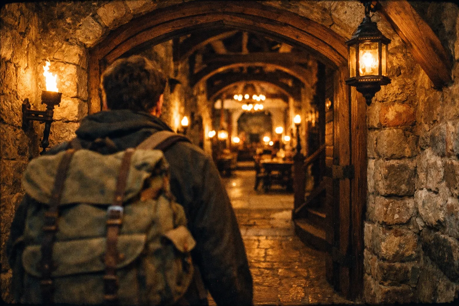 A person with a backpack enters a stone hallway lit by lanterns inside an old castle.