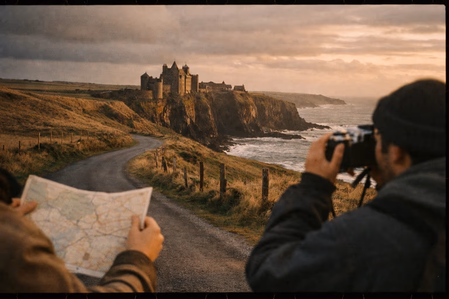 A person with a backpack walks along a rocky coastal path toward the ruins of a cliffside Irish castle at sunset.