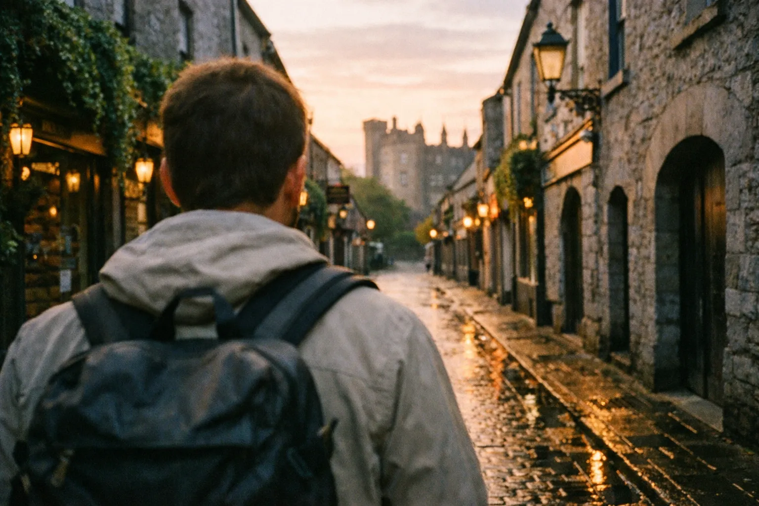 A person with a backpack walks down a cobbled street towards Kilkenny Castle at sunset.