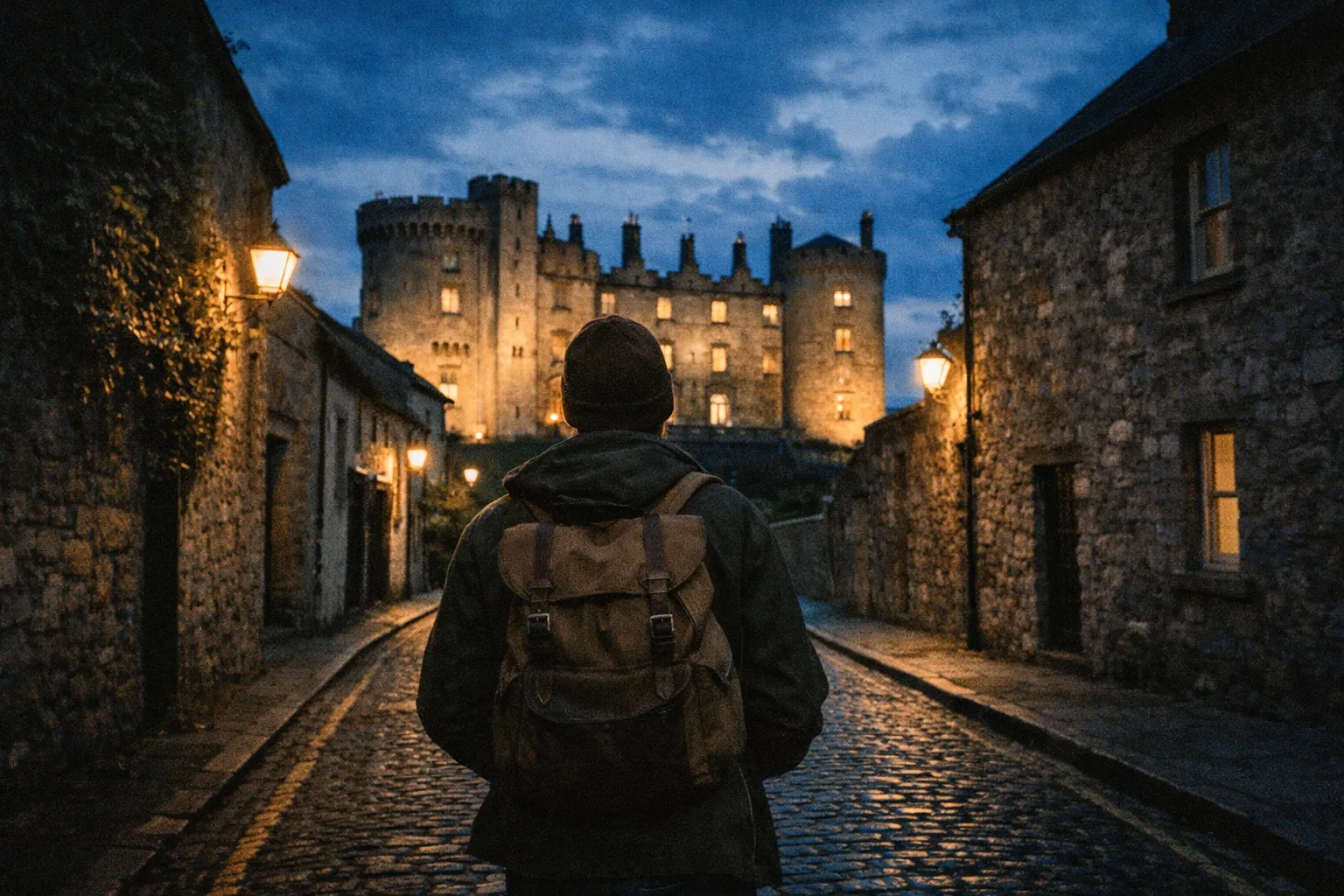 A person with a backpack stands on a cobblestone street facing Kilkenny Castle at dusk.