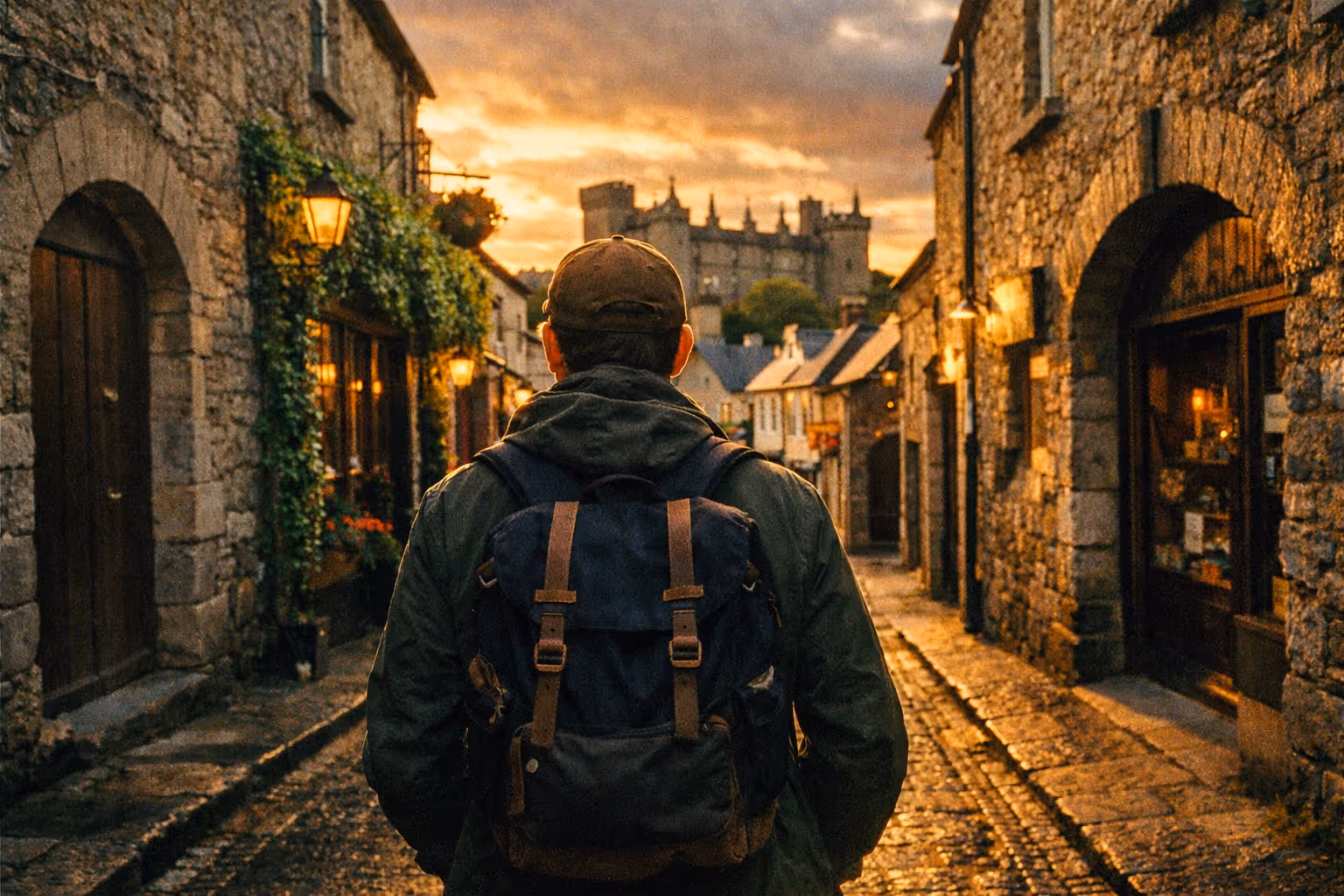 A person with a backpack walks down a cobblestone street toward Kilkenny Castle at sunset.