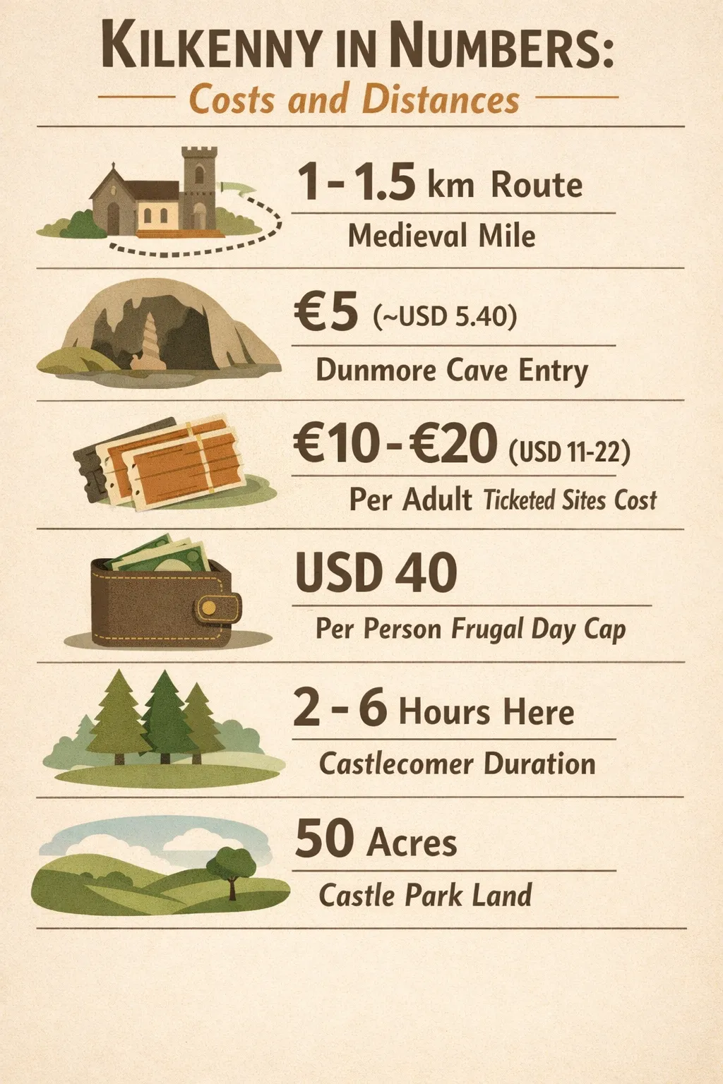 Infographic comparing Kilkenny data: Medieval Mile length, Dunmore Cave price, ticketed site costs, daily budget cap