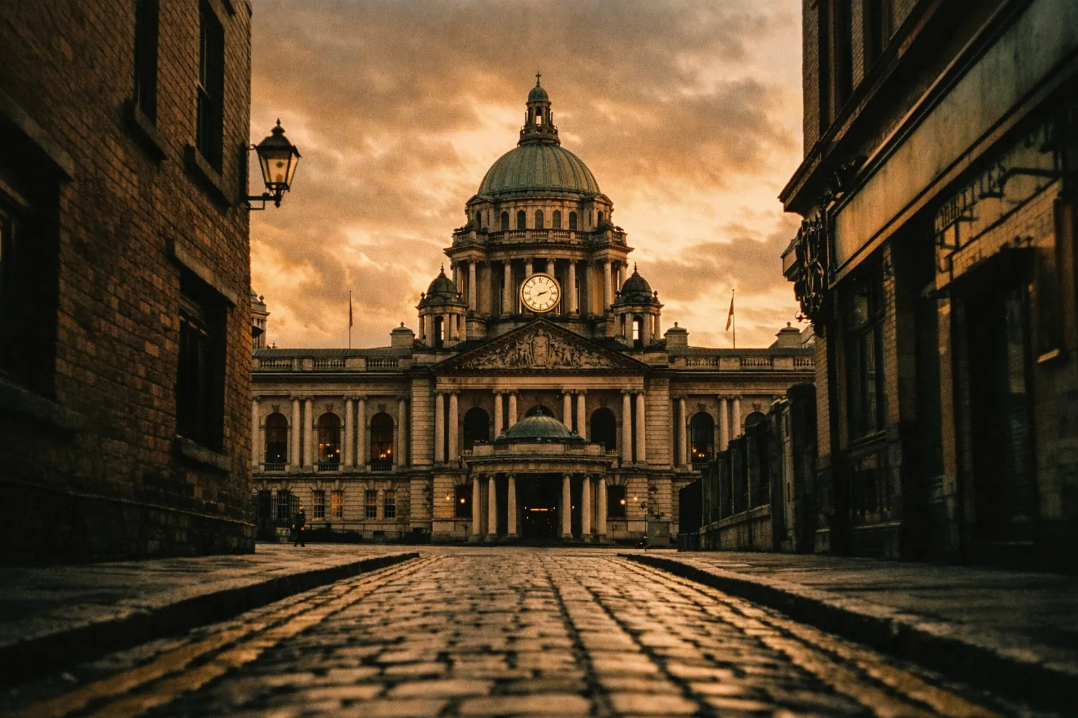 Belfast City Hall framed by cobblestone streets at sunset in the heart of Belfast, Northern Ireland.