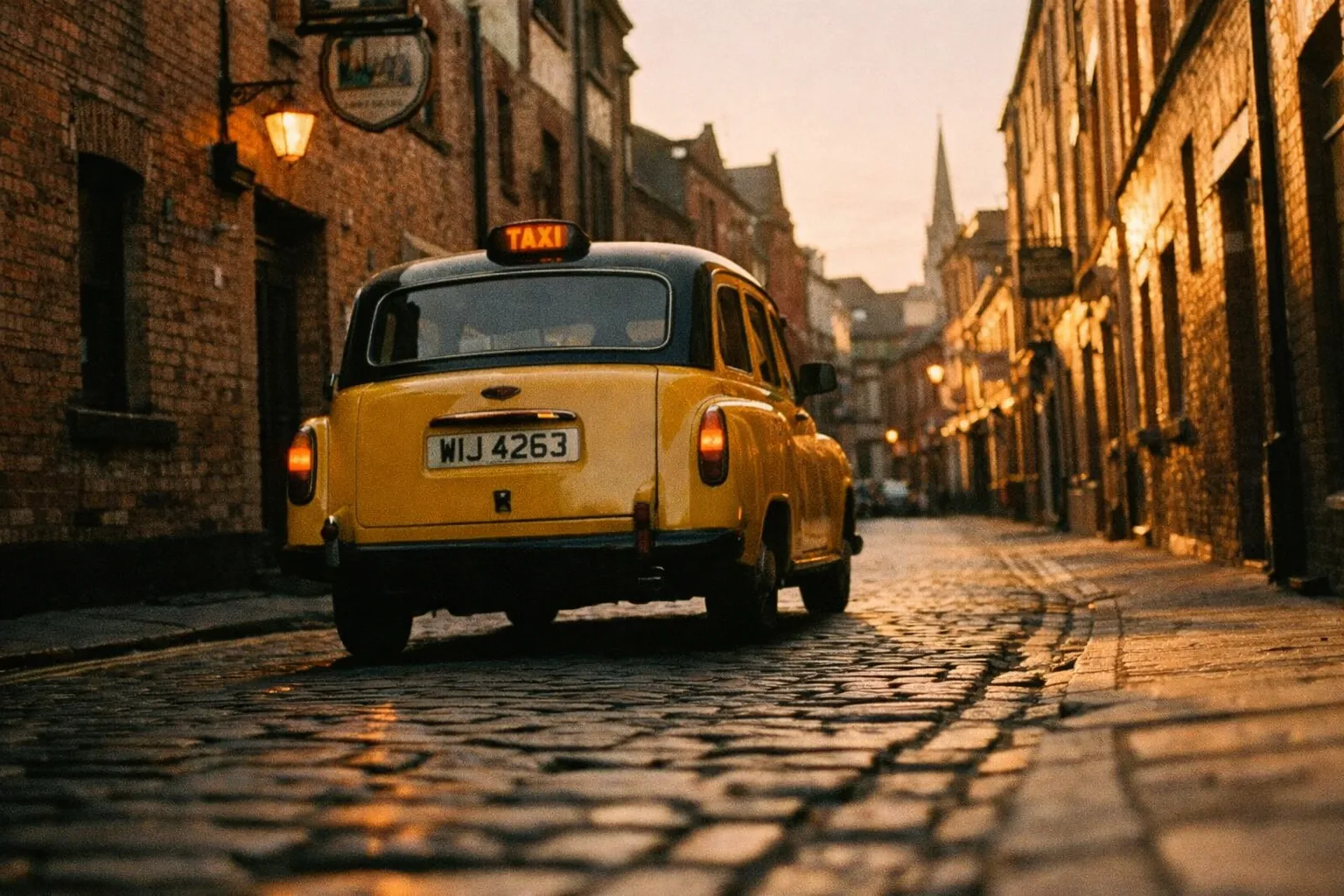 A yellow taxi drives down a cobblestone street lined with brick buildings in Belfast at sunset.